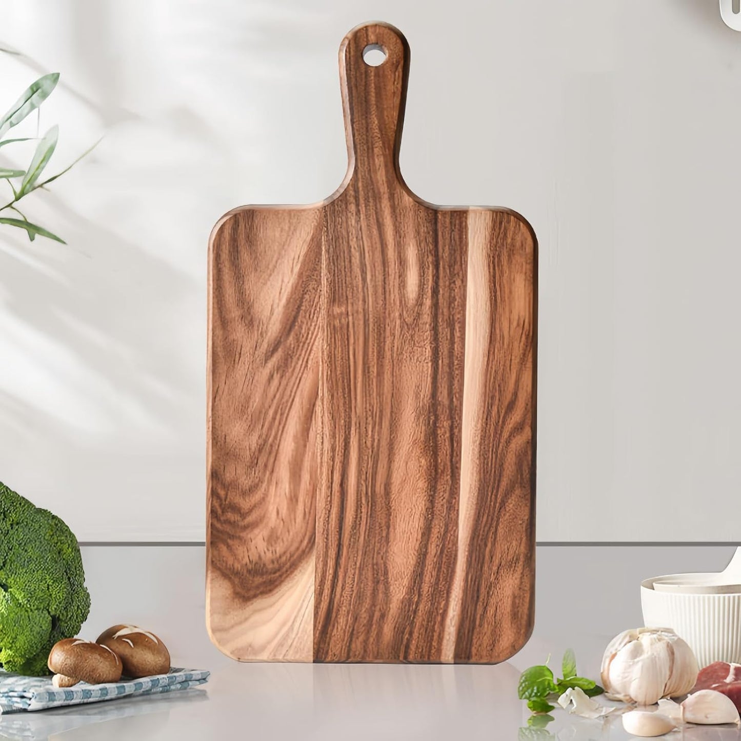 Acacia Wood Round Cutting Board with Handle -16" x 12" Large Charcuterie Board, Wooden Chopping Board for Kitchen, Meat & Cheese Serving Tray, Decorative Butcher Block, Ideal for Pizza