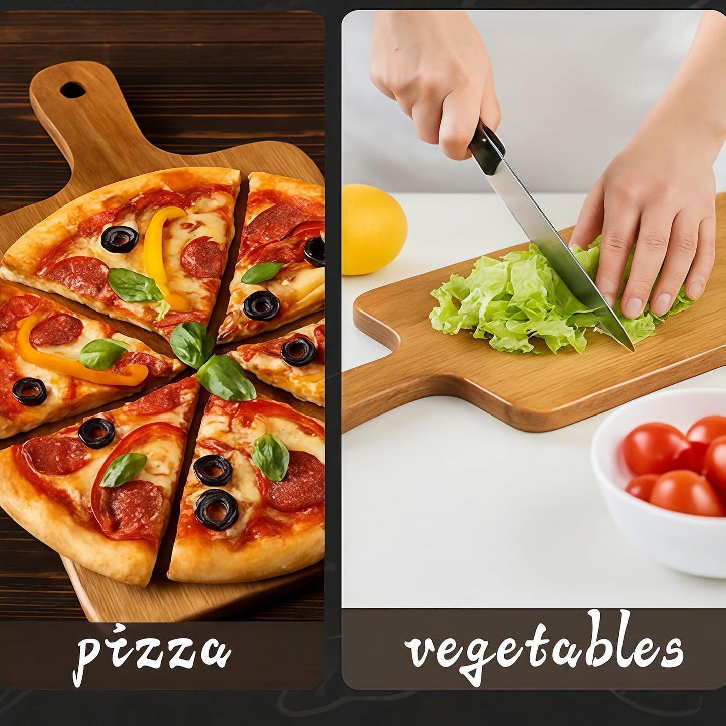 Acacia Wood Round Cutting Board with Handle -16" x 12" Large Charcuterie Board, Wooden Chopping Board for Kitchen, Meat & Cheese Serving Tray, Decorative Butcher Block, Ideal for Pizza