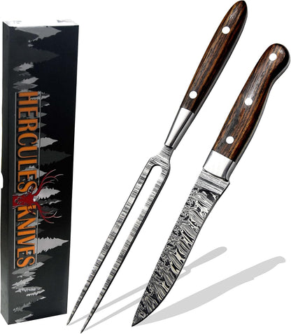 Premium Handcrafted Fork and Steak Knife Set Damascus Steel Carving Set Walnut Handles Elegant Dining Knives Set