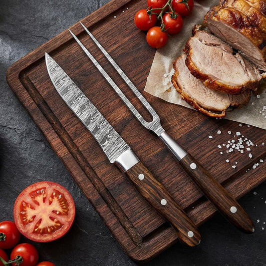 Premium Handcrafted Fork and Steak Knife Set Damascus Steel Carving Set Walnut Handles Elegant Dining Knives Set