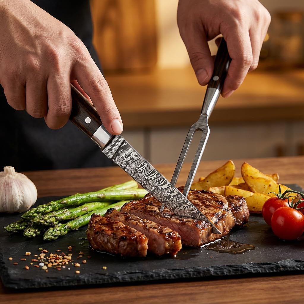 Premium Handcrafted Fork and Steak Knife Set Damascus Steel Carving Set Walnut Handles Elegant Dining Knives Set