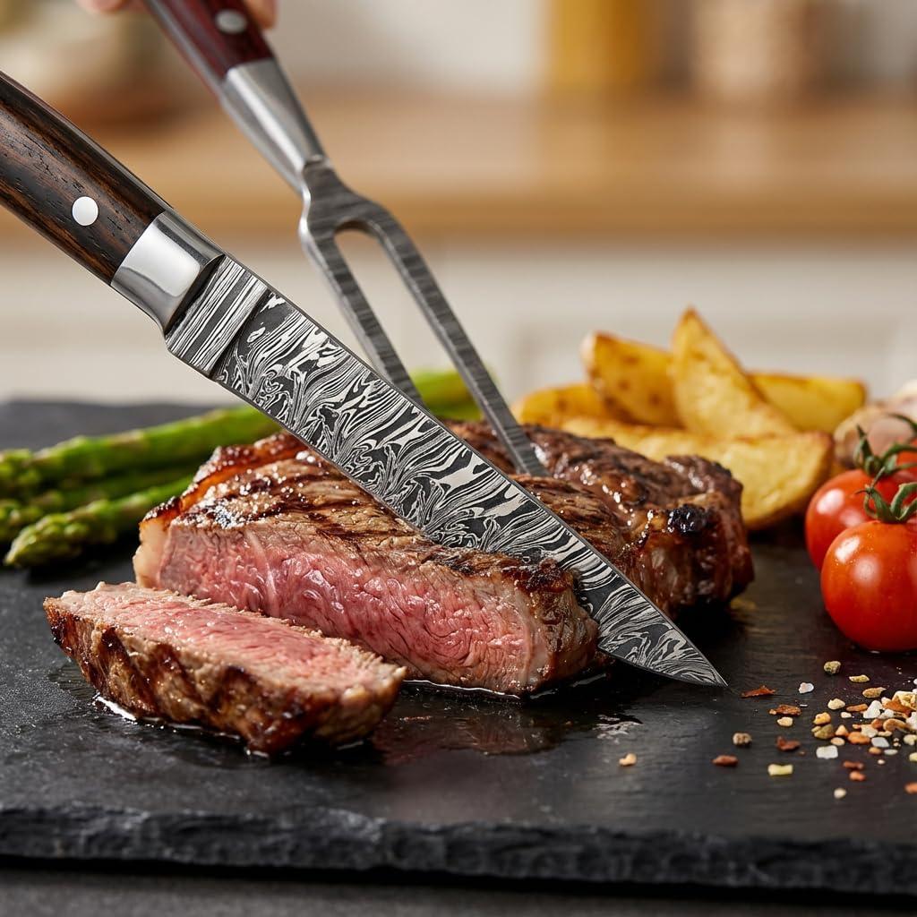 Premium Handcrafted Fork and Steak Knife Set Damascus Steel Carving Set Walnut Handles Elegant Dining Knives Set