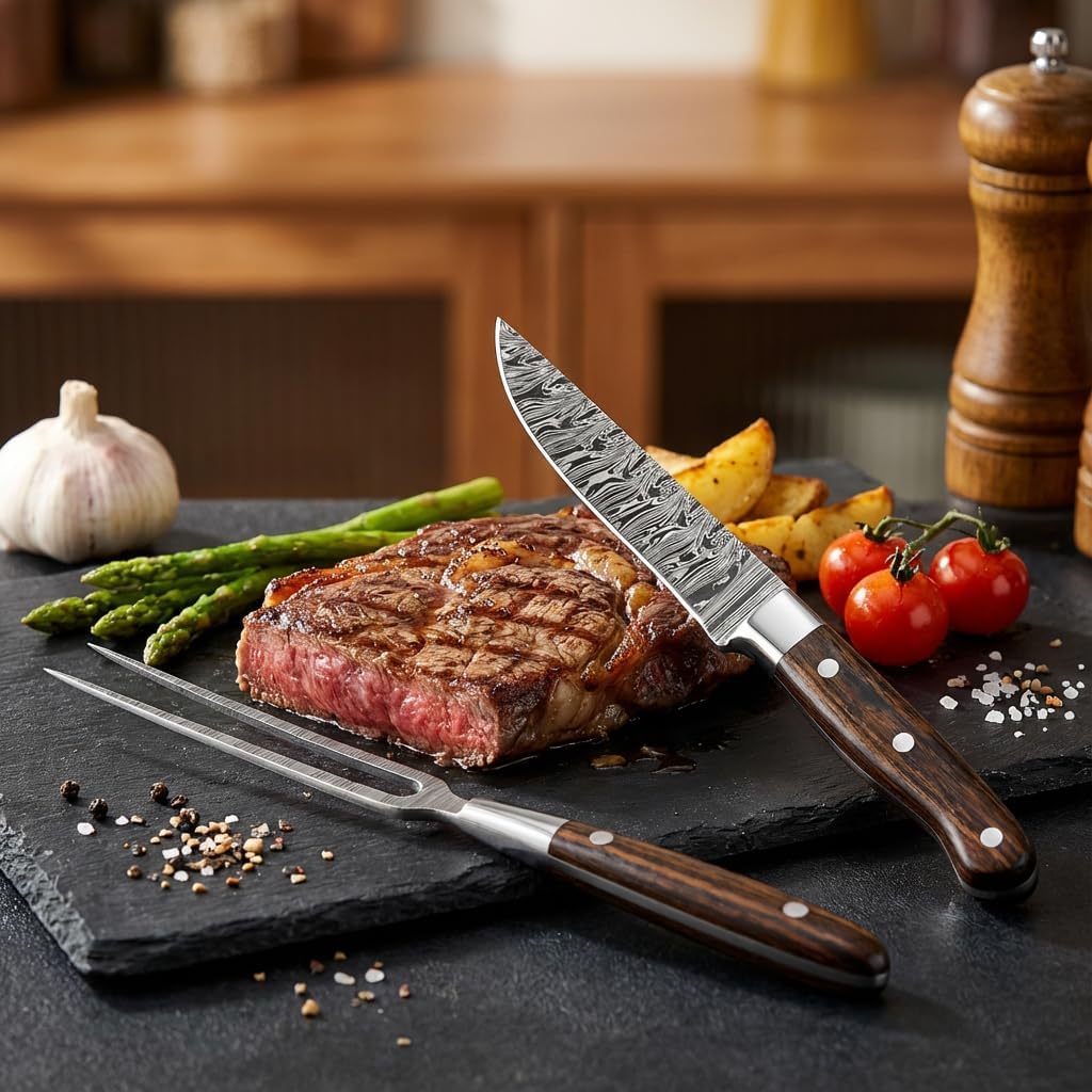 Premium Handcrafted Fork and Steak Knife Set Damascus Steel Carving Set Walnut Handles Elegant Dining Knives Set