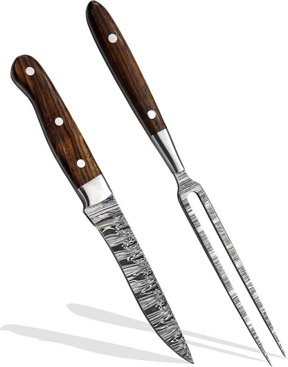 Premium Handcrafted Fork and Steak Knife Set Damascus Steel Carving Set Walnut Handles Elegant Dining Knives Set