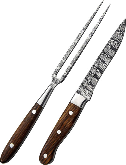 Premium Handcrafted Fork and Steak Knife Set Damascus Steel Carving Set Walnut Handles Elegant Dining Knives Set