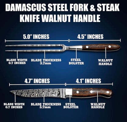 Premium Handcrafted Fork and Steak Knife Set Damascus Steel Carving Set Walnut Handles Elegant Dining Knives Set