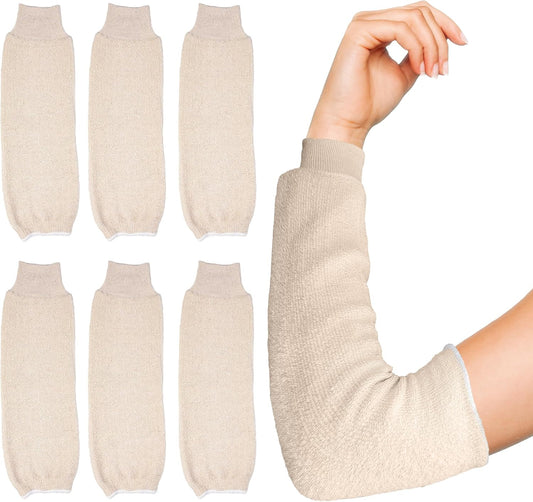 Terry Cloth Arm Sleeves, 17 Inch, Natural Beige, 6 Pack (3 Pairs), Cotton Polyester Blend, Vegan Eco-Friendly Fabric, Reversible, Machine Washable, Elastic Knit Cuffs, Cooking & Baking