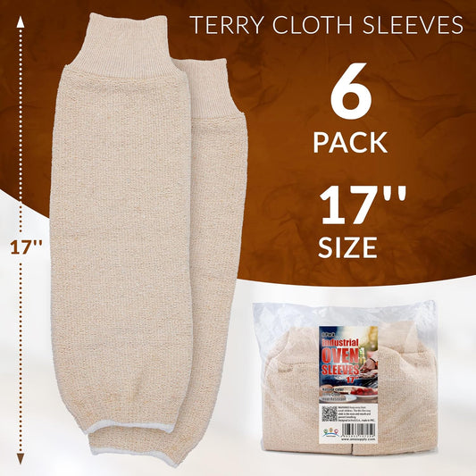 Terry Cloth Arm Sleeves, 17 Inch, Natural Beige, 6 Pack (3 Pairs), Cotton Polyester Blend, Vegan Eco-Friendly Fabric, Reversible, Machine Washable, Elastic Knit Cuffs, Cooking & Baking
