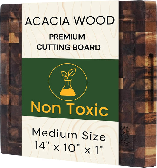 Acacia Wood Cutting Board 14" x 10" x 1" End Grain Butcher Block | Thick Solid Hardwood, Knife Friendly | Juice Groove & Built-In Handle | Non-Toxic Natural for Kitchen Prep, Meat & BBQ by New M Way