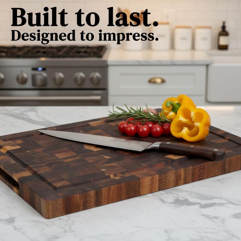 Acacia Wood Cutting Board 14" x 10" x 1" End Grain Butcher Block | Thick Solid Hardwood, Knife Friendly | Juice Groove & Built-In Handle | Non-Toxic Natural for Kitchen Prep, Meat & BBQ by New M Way