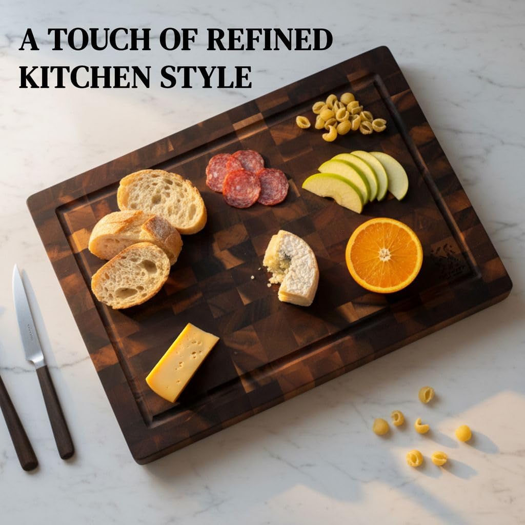 Acacia Wood Cutting Board 14" x 10" x 1" End Grain Butcher Block | Thick Solid Hardwood, Knife Friendly | Juice Groove & Built-In Handle | Non-Toxic Natural for Kitchen Prep, Meat & BBQ by New M Way