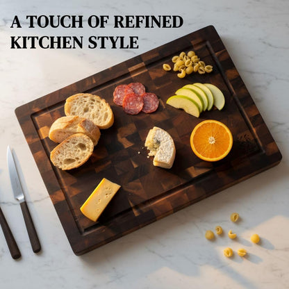 Acacia Wood Cutting Board 14" x 10" x 1" End Grain Butcher Block | Thick Solid Hardwood, Knife Friendly | Juice Groove & Built-In Handle | Non-Toxic Natural for Kitchen Prep, Meat & BBQ by New M Way