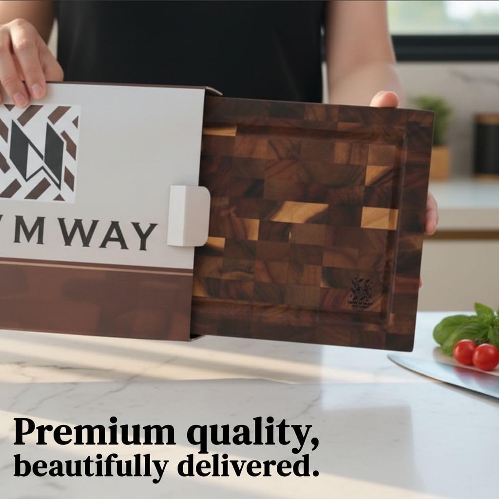 Acacia Wood Cutting Board 14" x 10" x 1" End Grain Butcher Block | Thick Solid Hardwood, Knife Friendly | Juice Groove & Built-In Handle | Non-Toxic Natural for Kitchen Prep, Meat & BBQ by New M Way