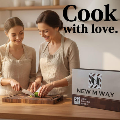 Acacia Wood Cutting Board 14" x 10" x 1" End Grain Butcher Block | Thick Solid Hardwood, Knife Friendly | Juice Groove & Built-In Handle | Non-Toxic Natural for Kitchen Prep, Meat & BBQ by New M Way