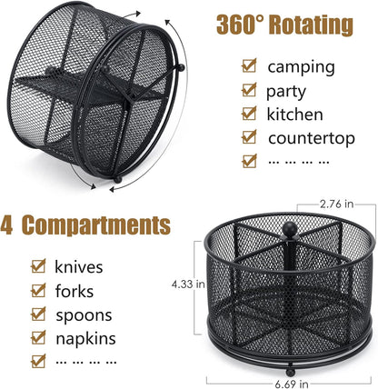 360° Rotating Metal Utensil Caddy - 4 Compartment Silverware Cutlery Holder Rotation Fork Spoon Napkin Organizer Flatware Storage Basket Party Countertop Buffet Picnic Camping Outdoor Black