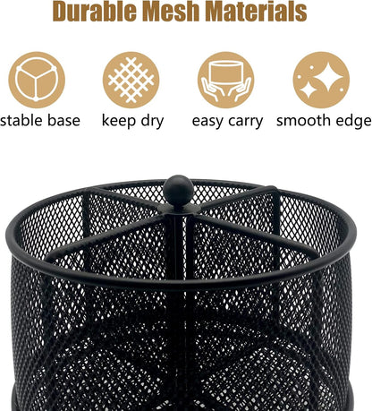 360° Rotating Metal Utensil Caddy - 4 Compartment Silverware Cutlery Holder Rotation Fork Spoon Napkin Organizer Flatware Storage Basket Party Countertop Buffet Picnic Camping Outdoor Black