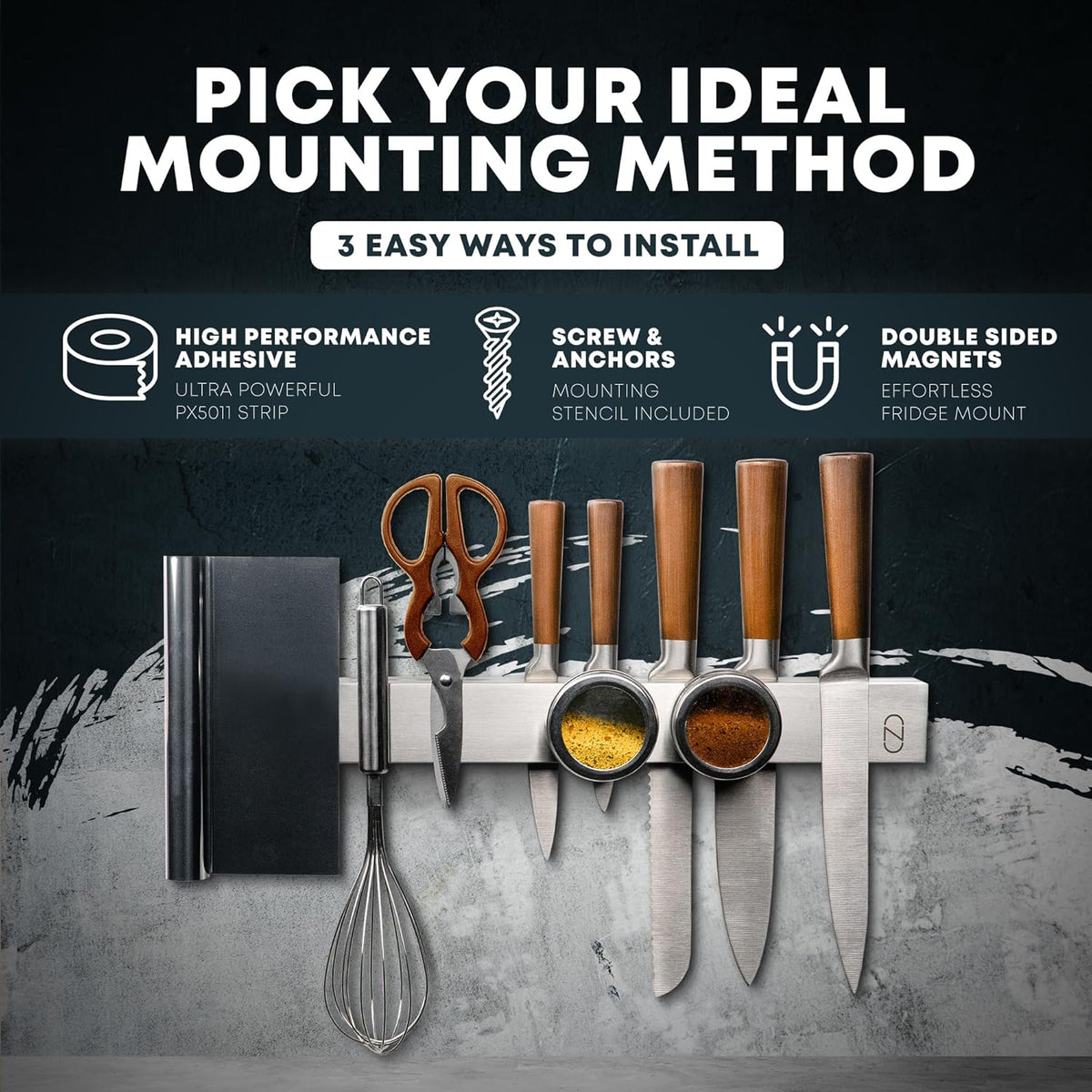 16" Adhesive Magnetic Knife Holder for Wall (No Drill) with 2x Storage - Safe, Patented Storage Design - Stainless Steel Magnet Knife Holder Strip - Magnetic Kitchen Organizer, Tool Storage
