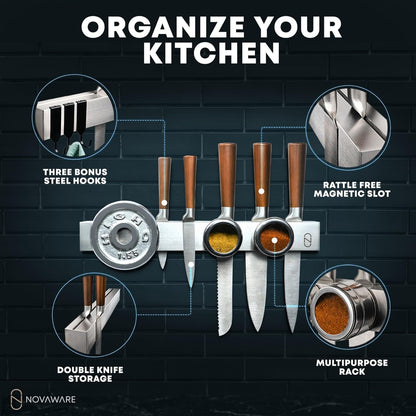 16" Adhesive Magnetic Knife Holder for Wall (No Drill) with 2x Storage - Safe, Patented Storage Design - Stainless Steel Magnet Knife Holder Strip - Magnetic Kitchen Organizer, Tool Storage
