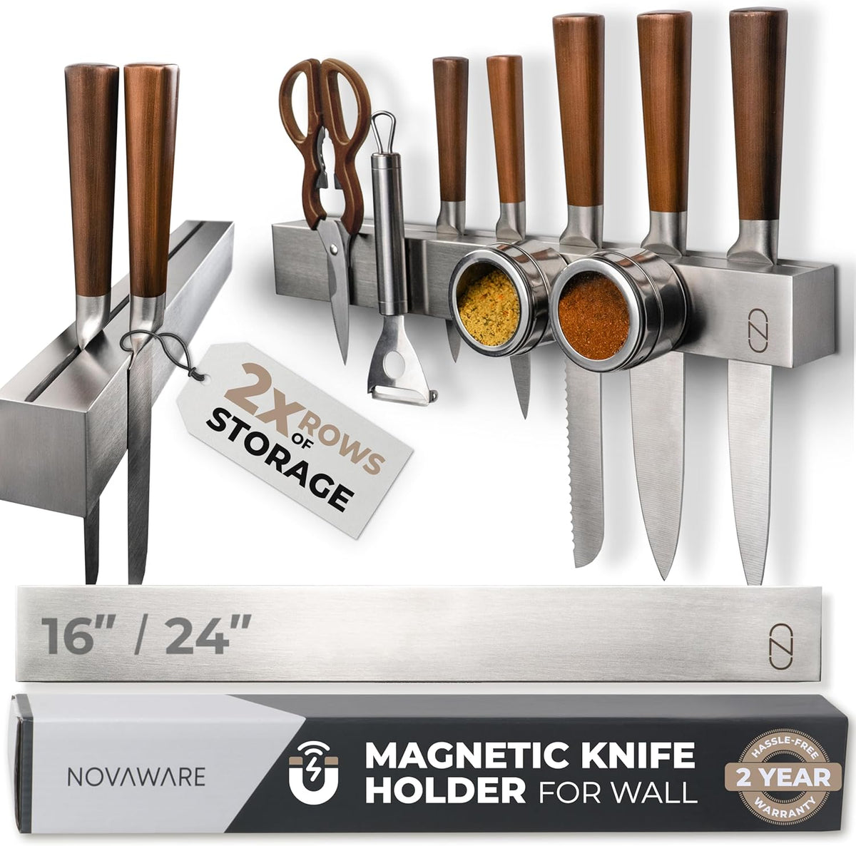 16" Adhesive Magnetic Knife Holder for Wall (No Drill) with 2x Storage - Safe, Patented Storage Design - Stainless Steel Magnet Knife Holder Strip - Magnetic Kitchen Organizer, Tool Storage
