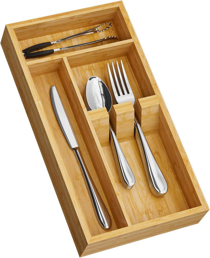 Bamboo Silverware Organizer, 12.6 x 6.97 x 1.96 Inches Kitchen Utensil Drawer Organizer, Silverware Tray for Drawer with Fixed Slots for Spoons, Forks & Knives, Natural