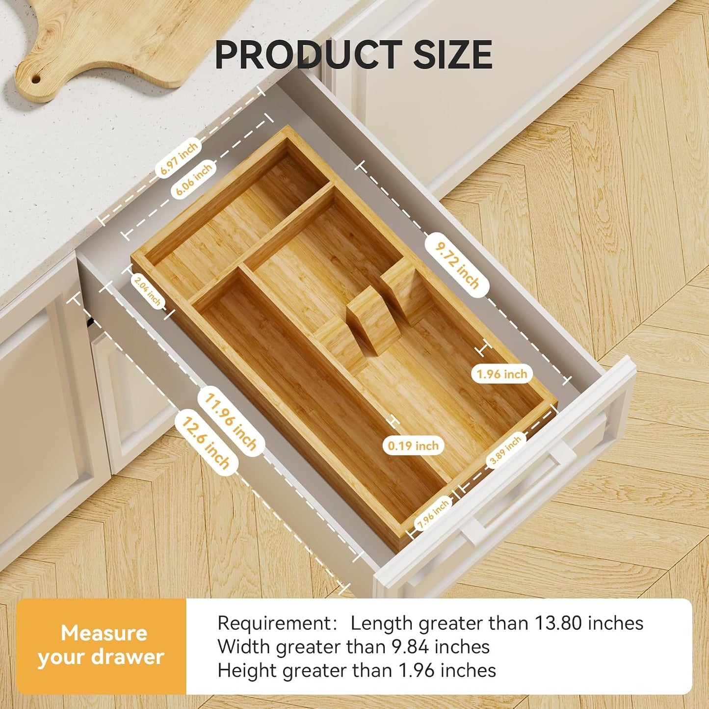 Bamboo Silverware Organizer, 12.6 x 6.97 x 1.96 Inches Kitchen Utensil Drawer Organizer, Silverware Tray for Drawer with Fixed Slots for Spoons, Forks & Knives, Natural
