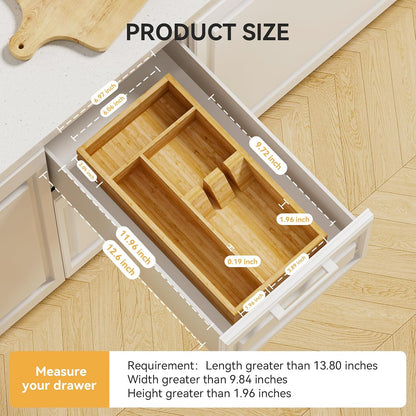 Bamboo Silverware Organizer, 12.6 x 6.97 x 1.96 Inches Kitchen Utensil Drawer Organizer, Silverware Tray for Drawer with Fixed Slots for Spoons, Forks & Knives, Natural