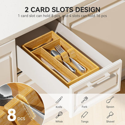 Bamboo Silverware Organizer, 12.6 x 6.97 x 1.96 Inches Kitchen Utensil Drawer Organizer, Silverware Tray for Drawer with Fixed Slots for Spoons, Forks & Knives, Natural