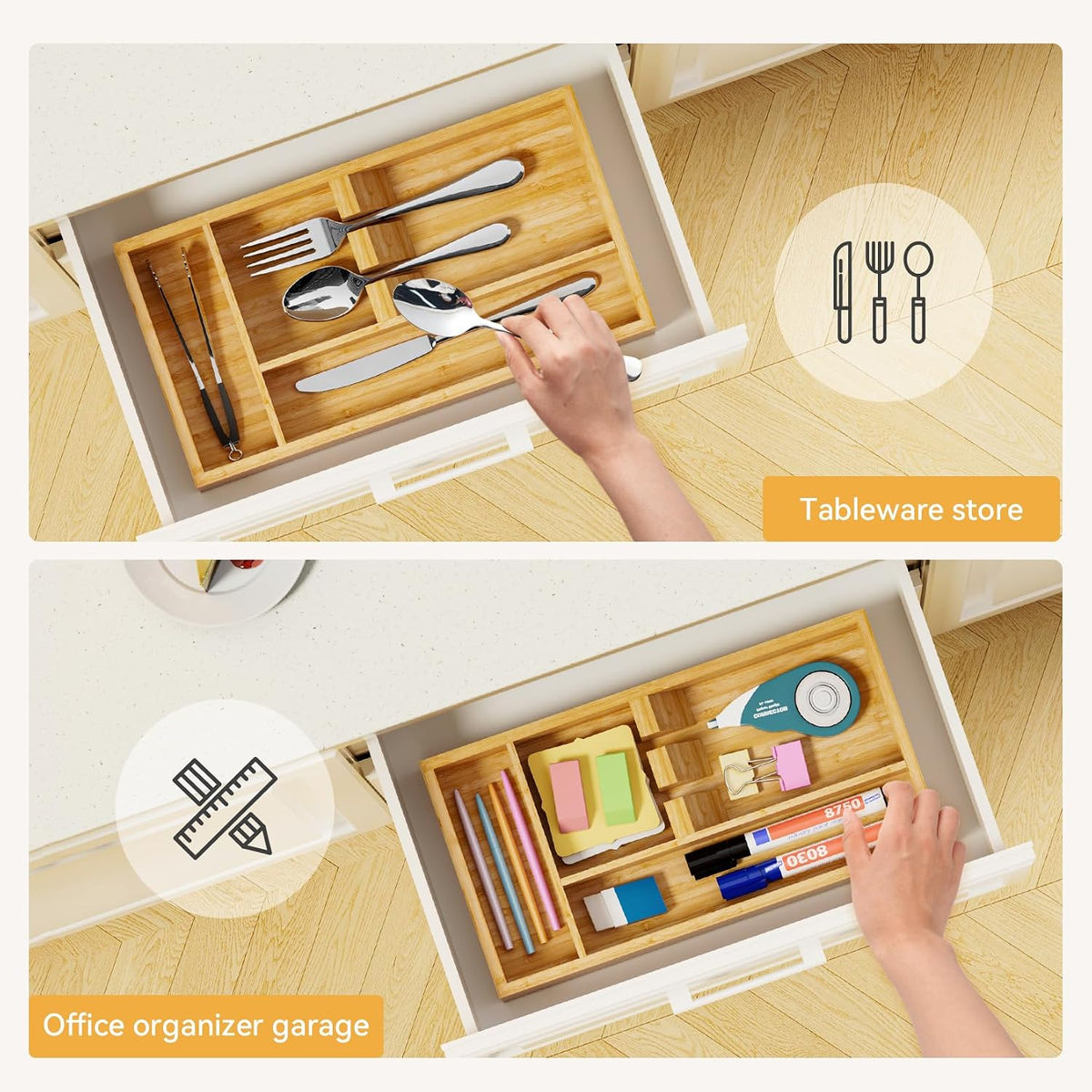 Bamboo Silverware Organizer, 12.6 x 6.97 x 1.96 Inches Kitchen Utensil Drawer Organizer, Silverware Tray for Drawer with Fixed Slots for Spoons, Forks & Knives, Natural