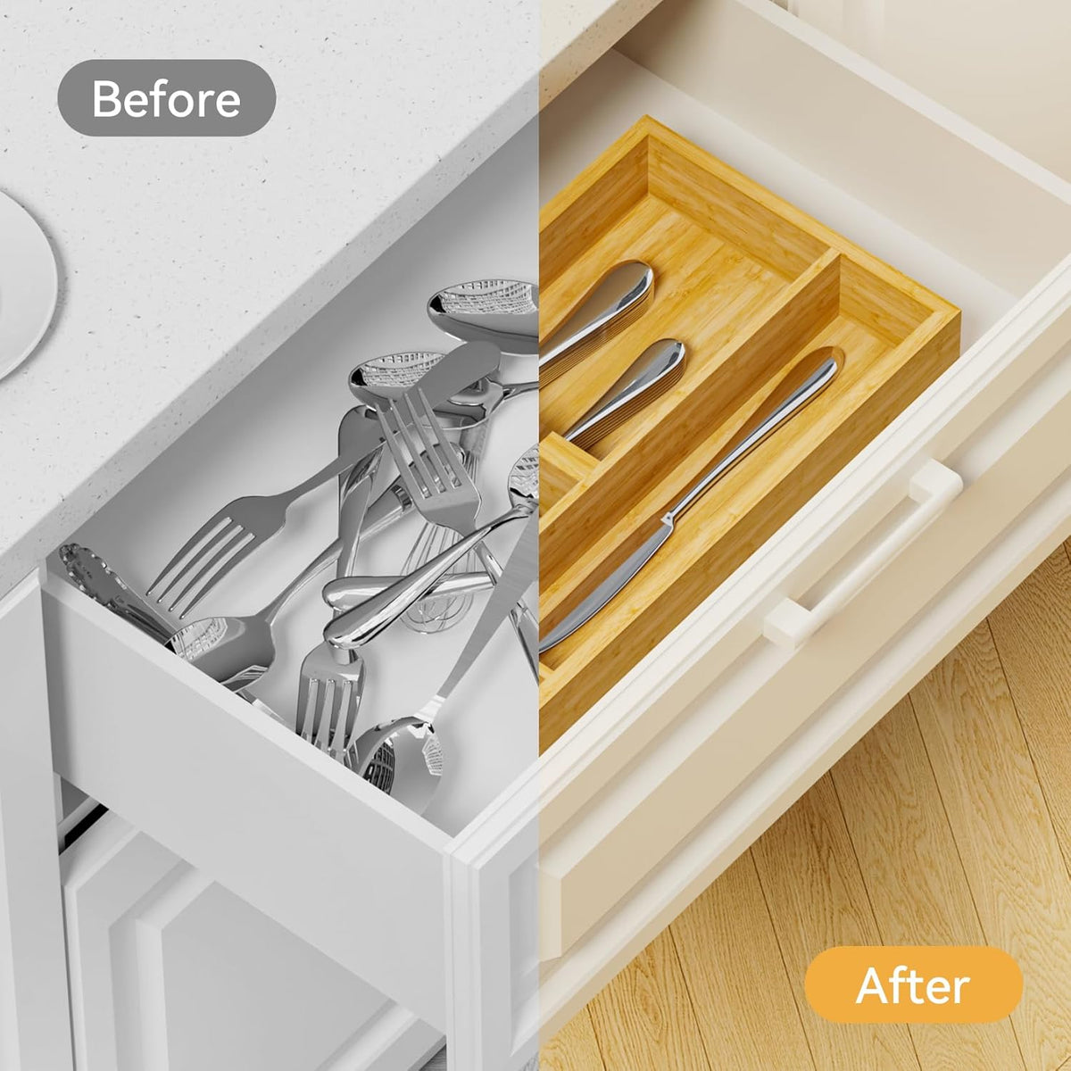 Bamboo Silverware Organizer, 12.6 x 6.97 x 1.96 Inches Kitchen Utensil Drawer Organizer, Silverware Tray for Drawer with Fixed Slots for Spoons, Forks & Knives, Natural