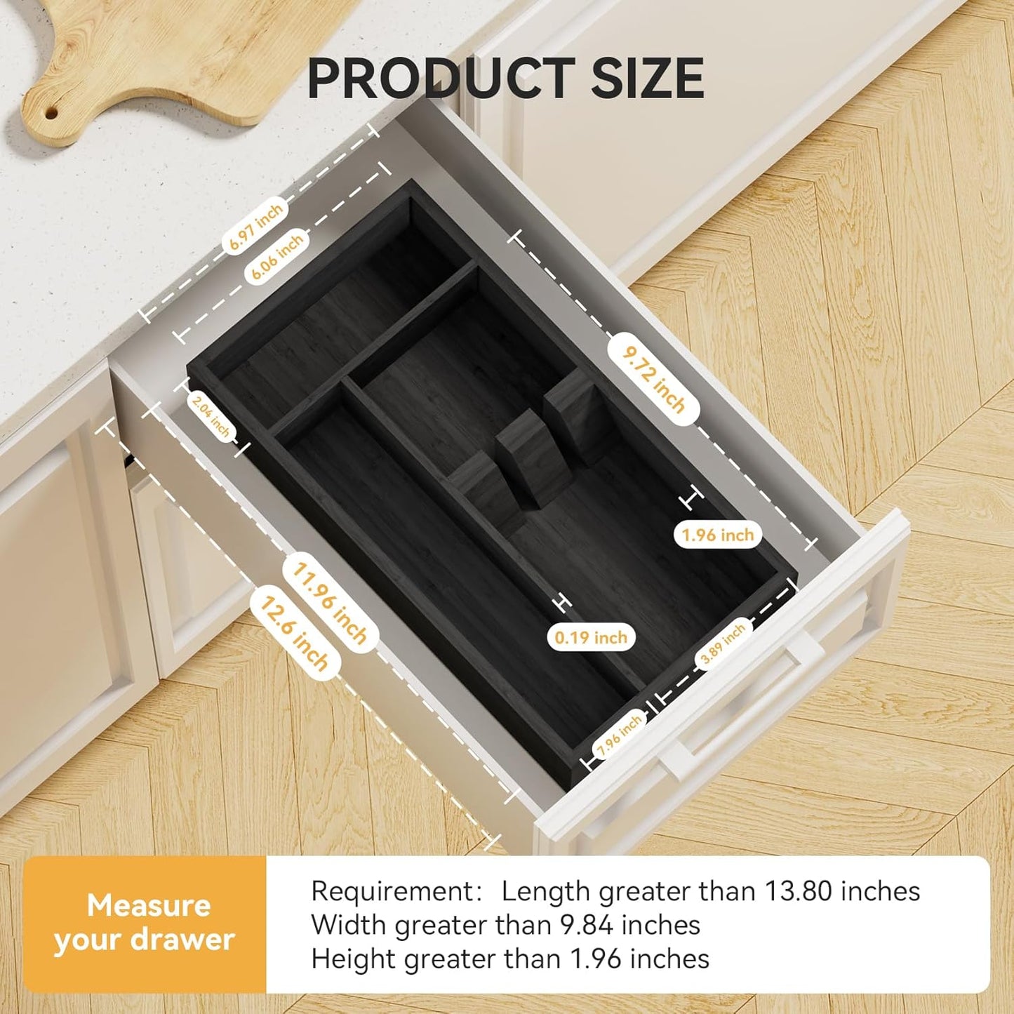 Bamboo Silverware Organizer, 12.6 x 6.97 x 1.96 Inches Kitchen Utensil Drawer Organizer, Silverware Tray for Drawer with Fixed Slots for Spoons, Forks & Knives, Natural