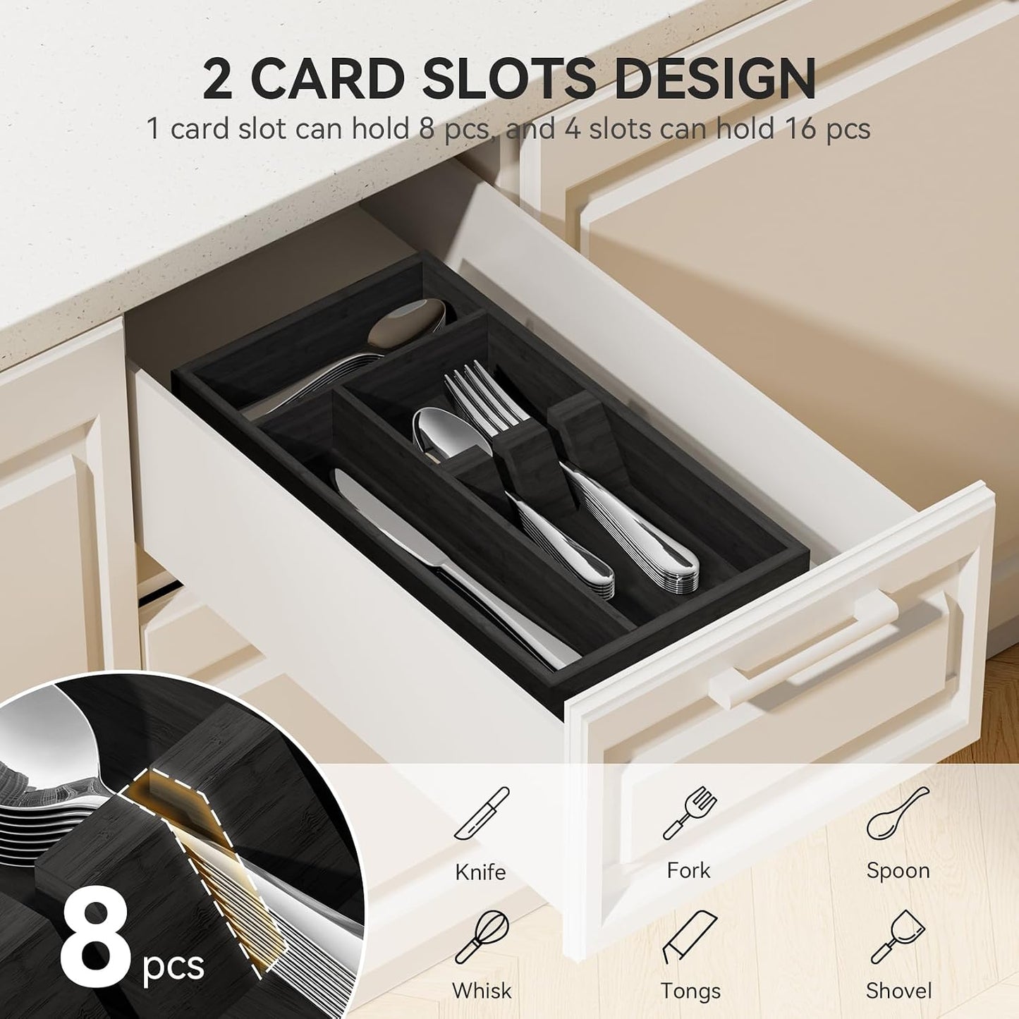 Bamboo Silverware Organizer, 12.6 x 6.97 x 1.96 Inches Kitchen Utensil Drawer Organizer, Silverware Tray for Drawer with Fixed Slots for Spoons, Forks & Knives, Natural