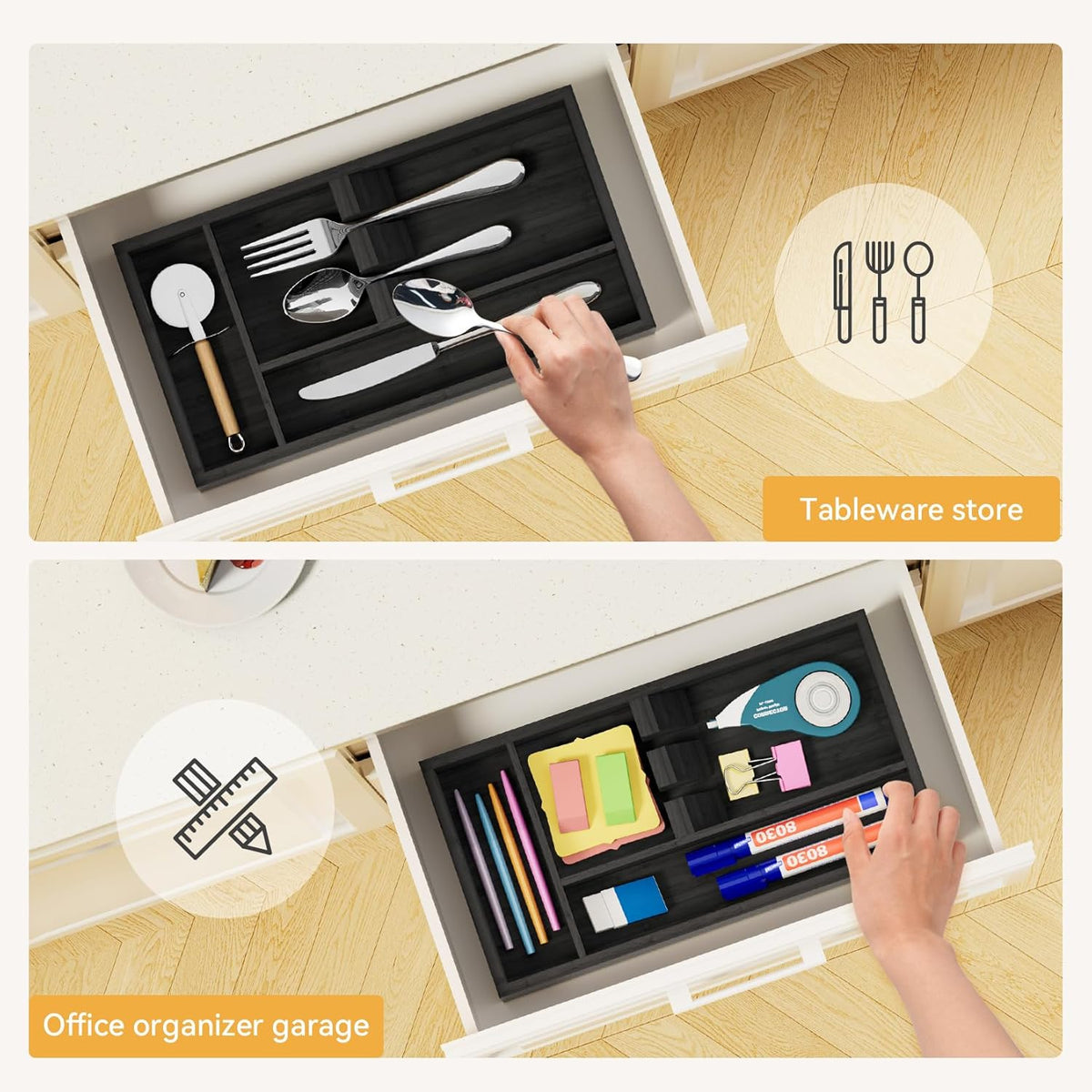 Bamboo Silverware Organizer, 12.6 x 6.97 x 1.96 Inches Kitchen Utensil Drawer Organizer, Silverware Tray for Drawer with Fixed Slots for Spoons, Forks & Knives, Natural