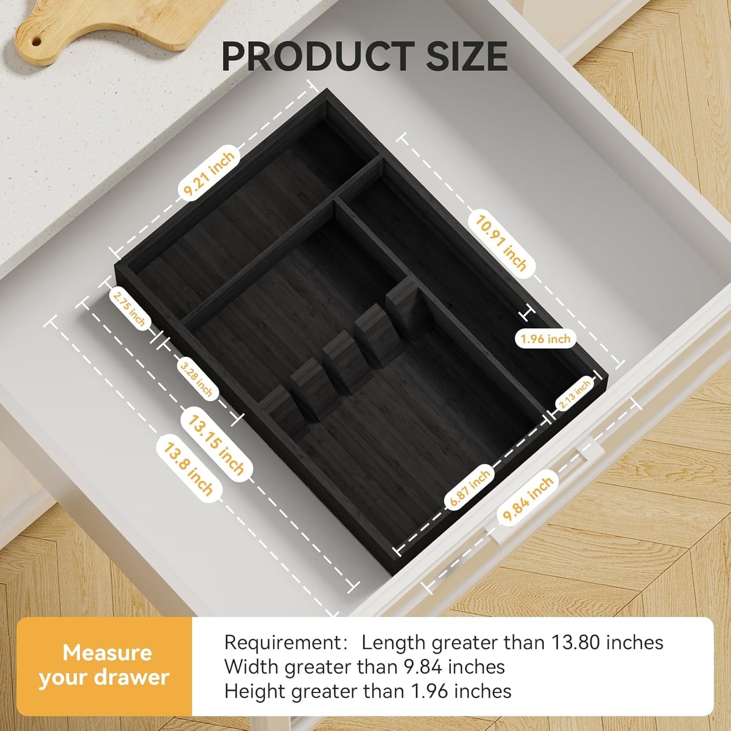Bamboo Silverware Organizer, 12.6 x 6.97 x 1.96 Inches Kitchen Utensil Drawer Organizer, Silverware Tray for Drawer with Fixed Slots for Spoons, Forks & Knives, Natural