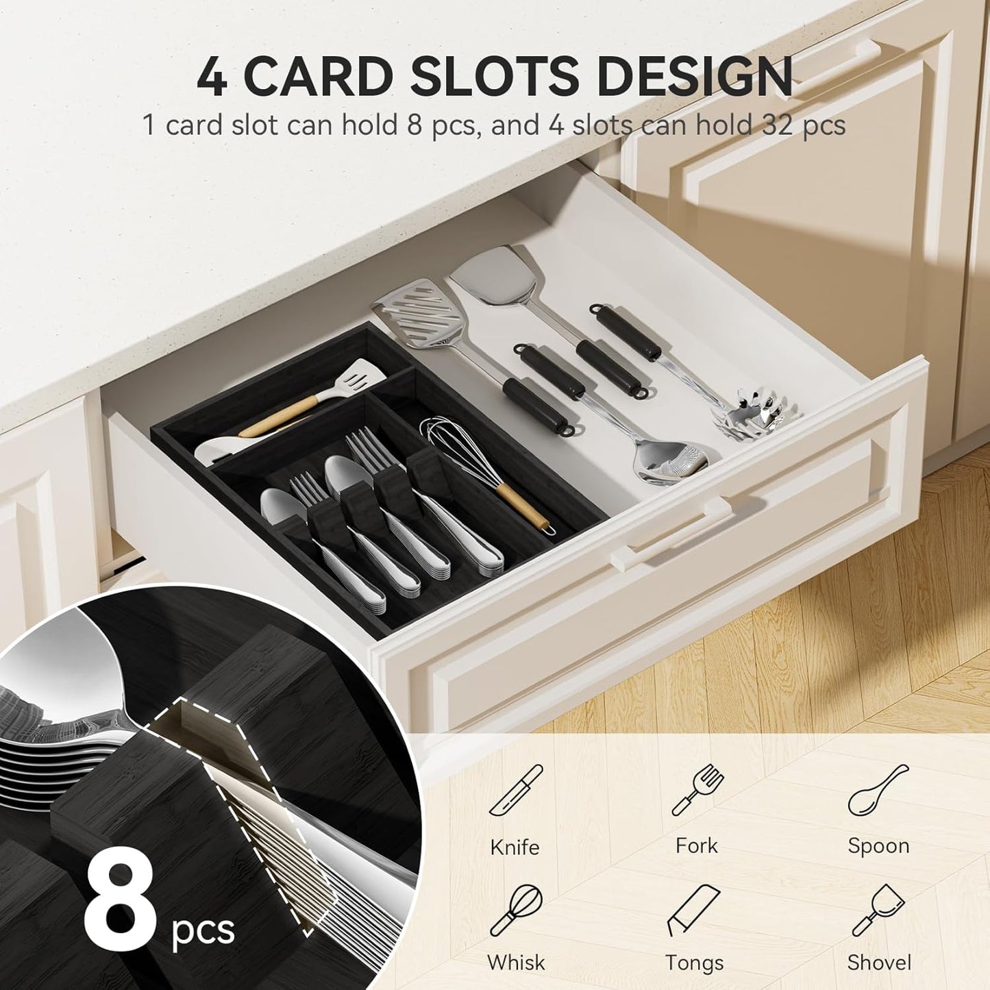 Bamboo Silverware Organizer, 12.6 x 6.97 x 1.96 Inches Kitchen Utensil Drawer Organizer, Silverware Tray for Drawer with Fixed Slots for Spoons, Forks & Knives, Natural