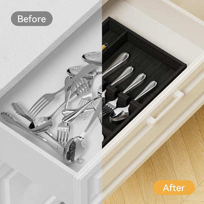 Bamboo Silverware Organizer, 12.6 x 6.97 x 1.96 Inches Kitchen Utensil Drawer Organizer, Silverware Tray for Drawer with Fixed Slots for Spoons, Forks & Knives, Natural