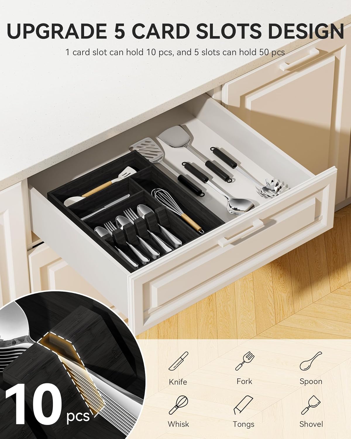 Bamboo Silverware Organizer, 12.6 x 6.97 x 1.96 Inches Kitchen Utensil Drawer Organizer, Silverware Tray for Drawer with Fixed Slots for Spoons, Forks & Knives, Natural