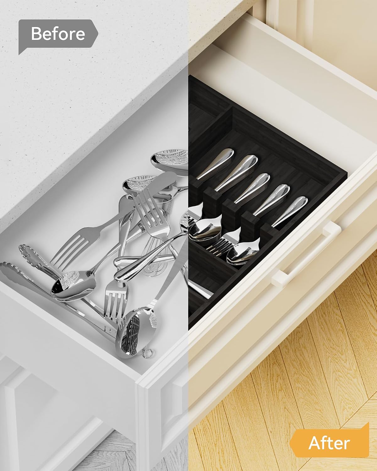 Bamboo Silverware Organizer, 12.6 x 6.97 x 1.96 Inches Kitchen Utensil Drawer Organizer, Silverware Tray for Drawer with Fixed Slots for Spoons, Forks & Knives, Natural
