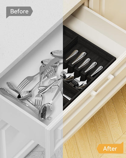 Bamboo Silverware Organizer, 12.6 x 6.97 x 1.96 Inches Kitchen Utensil Drawer Organizer, Silverware Tray for Drawer with Fixed Slots for Spoons, Forks & Knives, Natural