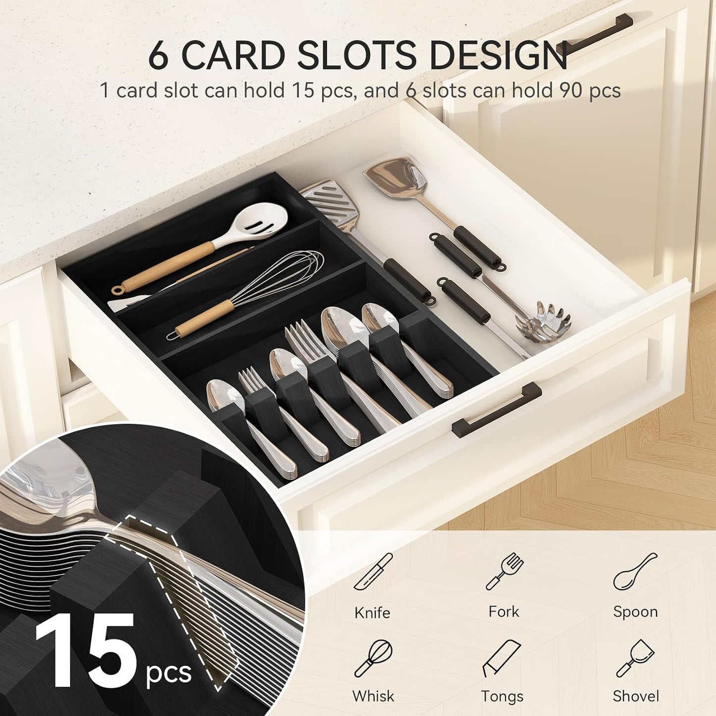 Bamboo Silverware Organizer, 12.6 x 6.97 x 1.96 Inches Kitchen Utensil Drawer Organizer, Silverware Tray for Drawer with Fixed Slots for Spoons, Forks & Knives, Natural