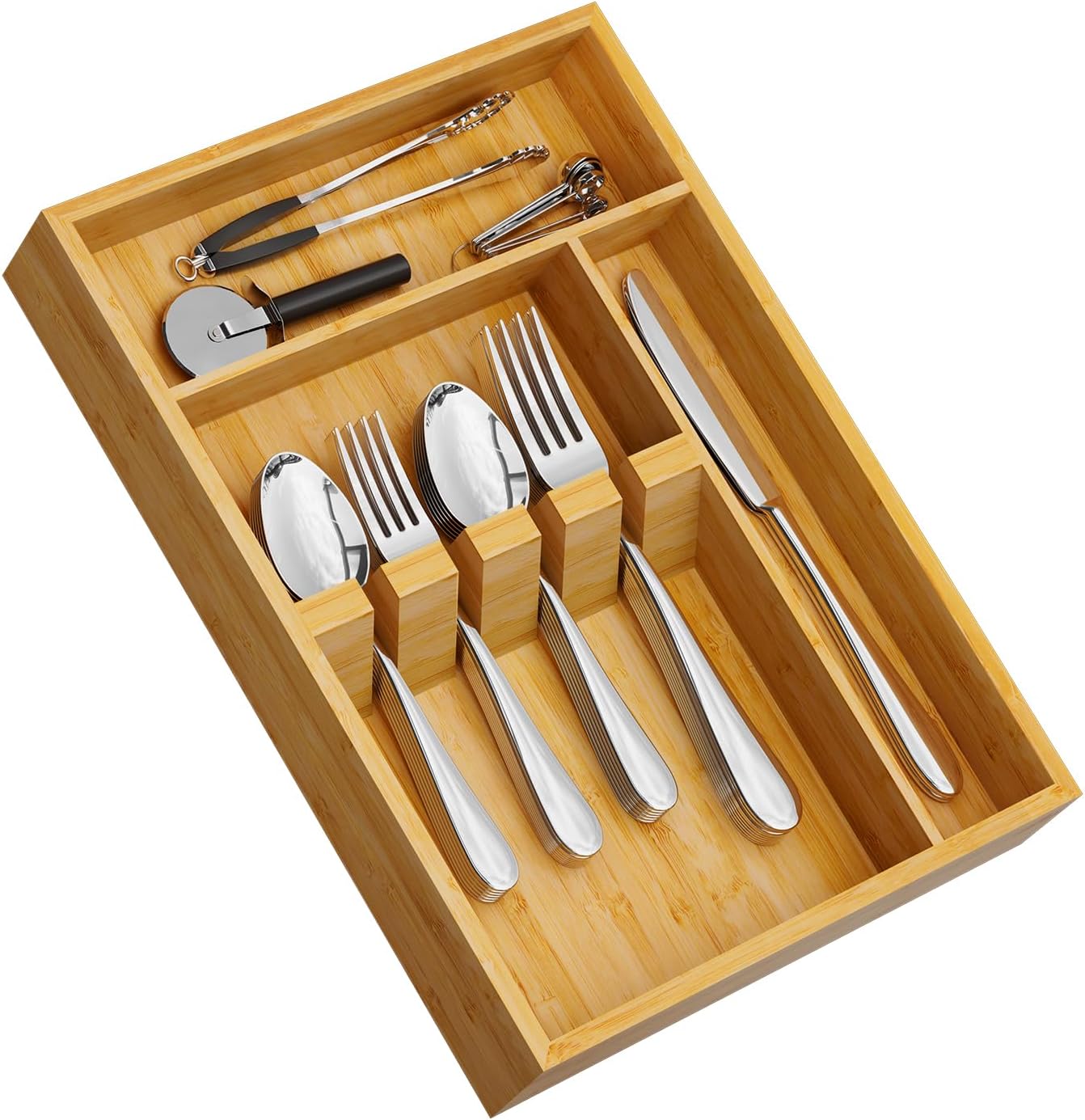Bamboo Silverware Organizer, 12.6 x 6.97 x 1.96 Inches Kitchen Utensil Drawer Organizer, Silverware Tray for Drawer with Fixed Slots for Spoons, Forks & Knives, Natural