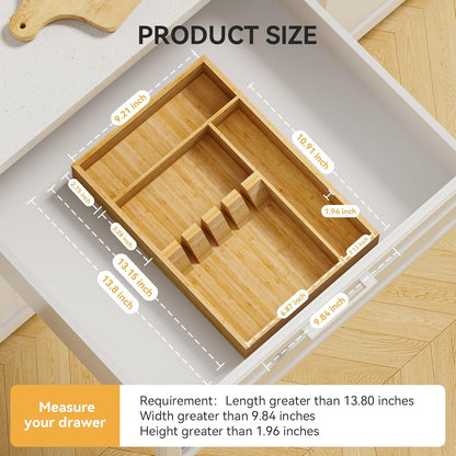 Bamboo Silverware Organizer, 12.6 x 6.97 x 1.96 Inches Kitchen Utensil Drawer Organizer, Silverware Tray for Drawer with Fixed Slots for Spoons, Forks & Knives, Natural