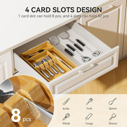 Bamboo Silverware Organizer, 12.6 x 6.97 x 1.96 Inches Kitchen Utensil Drawer Organizer, Silverware Tray for Drawer with Fixed Slots for Spoons, Forks & Knives, Natural