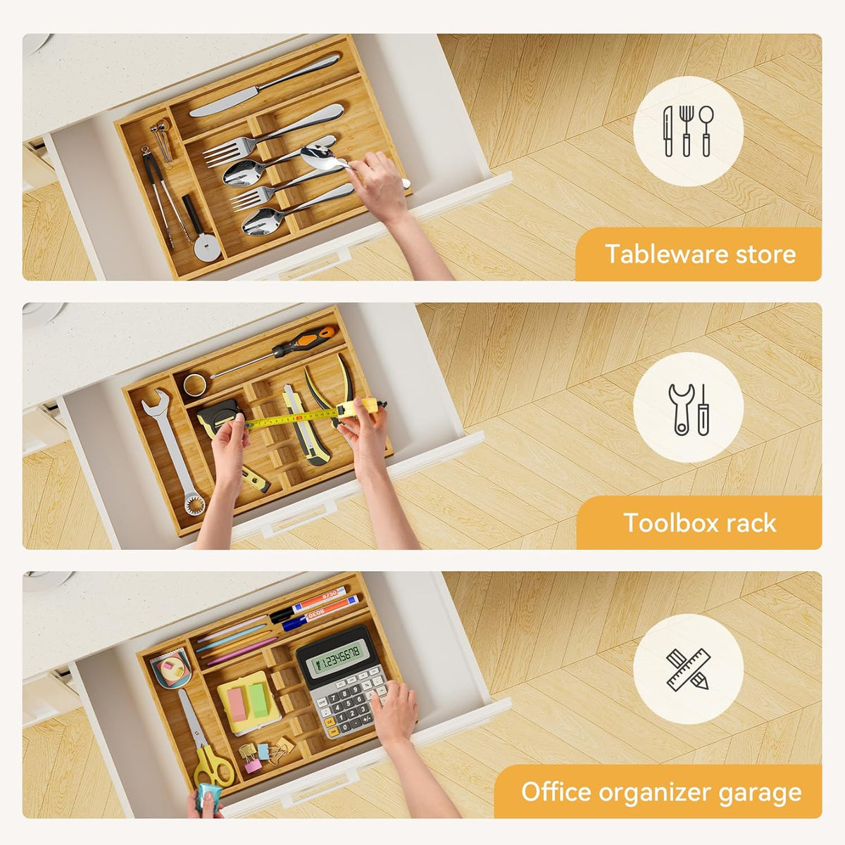 Bamboo Silverware Organizer, 12.6 x 6.97 x 1.96 Inches Kitchen Utensil Drawer Organizer, Silverware Tray for Drawer with Fixed Slots for Spoons, Forks & Knives, Natural