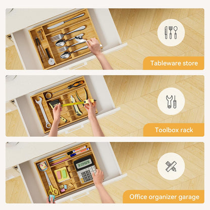 Bamboo Silverware Organizer, 12.6 x 6.97 x 1.96 Inches Kitchen Utensil Drawer Organizer, Silverware Tray for Drawer with Fixed Slots for Spoons, Forks & Knives, Natural
