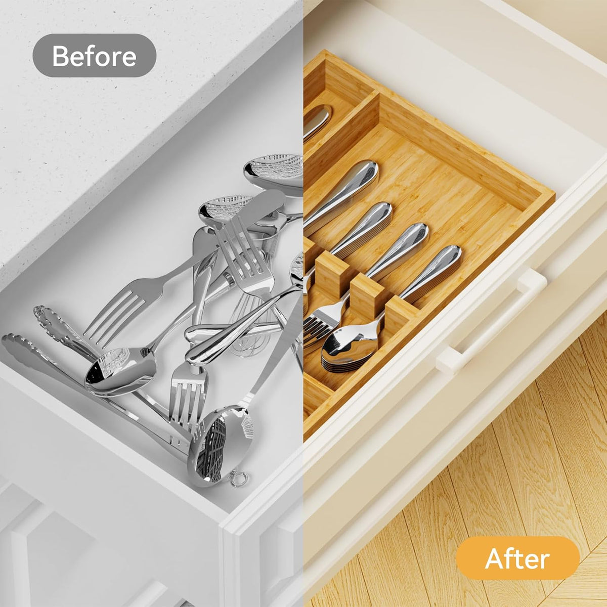 Bamboo Silverware Organizer, 12.6 x 6.97 x 1.96 Inches Kitchen Utensil Drawer Organizer, Silverware Tray for Drawer with Fixed Slots for Spoons, Forks & Knives, Natural