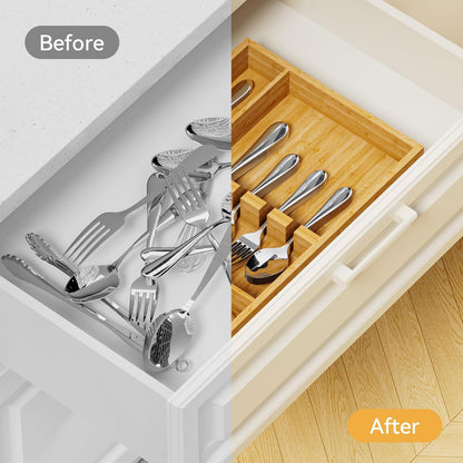 Bamboo Silverware Organizer, 12.6 x 6.97 x 1.96 Inches Kitchen Utensil Drawer Organizer, Silverware Tray for Drawer with Fixed Slots for Spoons, Forks & Knives, Natural