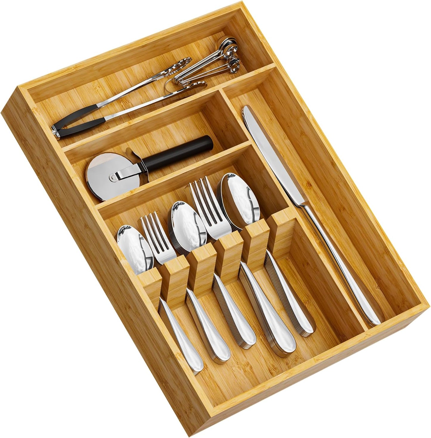 Bamboo Silverware Organizer, 12.6 x 6.97 x 1.96 Inches Kitchen Utensil Drawer Organizer, Silverware Tray for Drawer with Fixed Slots for Spoons, Forks & Knives, Natural