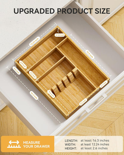 Bamboo Silverware Organizer, 12.6 x 6.97 x 1.96 Inches Kitchen Utensil Drawer Organizer, Silverware Tray for Drawer with Fixed Slots for Spoons, Forks & Knives, Natural