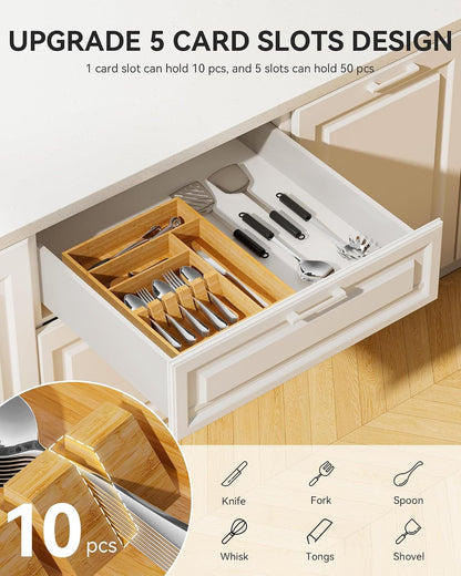 Bamboo Silverware Organizer, 12.6 x 6.97 x 1.96 Inches Kitchen Utensil Drawer Organizer, Silverware Tray for Drawer with Fixed Slots for Spoons, Forks & Knives, Natural