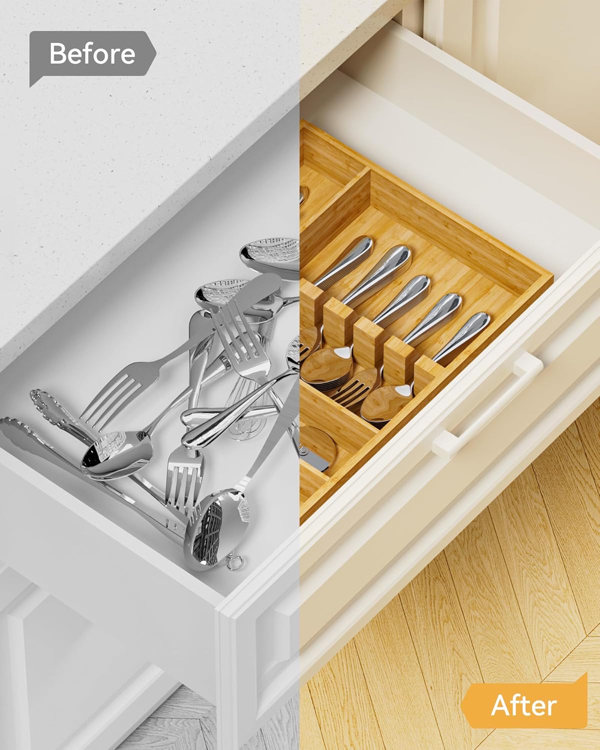 Bamboo Silverware Organizer, 12.6 x 6.97 x 1.96 Inches Kitchen Utensil Drawer Organizer, Silverware Tray for Drawer with Fixed Slots for Spoons, Forks & Knives, Natural